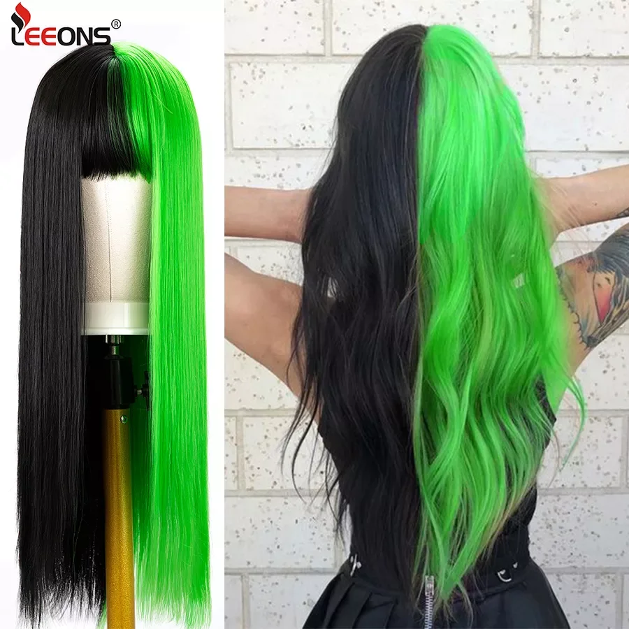Leeons Synthetic Wigs Lolita Cosplay Wig Half Green Half Black Wig Long Straig - $19.78+