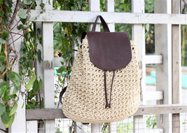Girl Pu leather cover straw backpack leisure Woven School Bag Knitting BackpaBea - £22.72 GBP