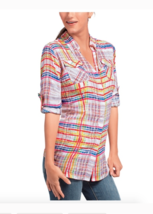 CAbi M Colorful Plaid Cirque Soft Rayon Button Front Roll Cuff Sleeve Top 797 - £19.08 GBP