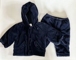 Baby Gap Velour Two Piece Winter Suit Bunting 6-12 Mos Navy Blue Hood Lined - $14.99