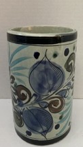 Vintage Tonala Mexican Folk Art Vase Floral Fruit Blues 6.5&quot; High - £20.76 GBP