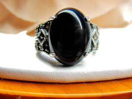 sz 5 Avon Ring Black Onyx &amp; Marcasite Sterling Silver Vintage Woman Patina 6.12g - £59.52 GBP