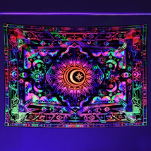 Blacklight Tapestry Aesthetic Trippy Burning Sun&Moon Hippie Wall Decor 60"x45" - $19.94