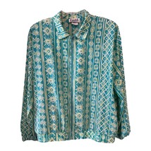 Vintage Teddi Blouse Jacket – Turquoise Geometric Floral Print – Size 2X... - $525.21 MXN