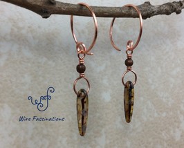 Handmade copper hoop earrings: wire wrapped art glass dagger bead dangle - £17.20 GBP