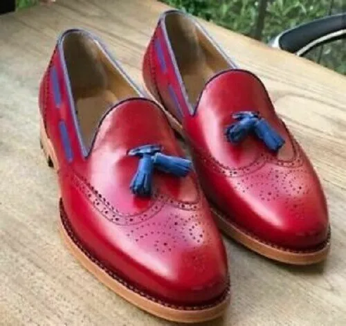 Handmade Men&#39;s Slip On Tasseled Formal Moccasins Red Leather Loafers Shoes - £125.38 GBP