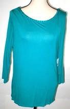 Womens New Small S Aqua Blue Dark NWT $88 Tahari Blouse Top Braided Neck Sleeves - $87.12