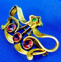 Art Deco Red Spinel Demantoid Garnet Nouveau Brooch Solid 14k Gold Antiq... - $4,460.25