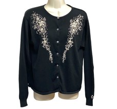 Cardigan Sweater Chelsea  Cambell black cream embroidered size Medium M - £22.07 GBP