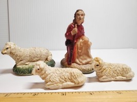 Vintage 4 PC Lot Nativity Putz Figures Kneeling Shepherd 3 Sheep Soft Rubber - £12.48 GBP