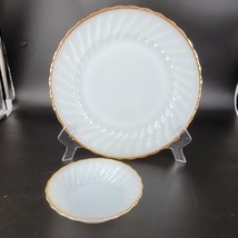 Anchor Hocking Golden Shell Dinner Plate &amp; Fruit Bowl White Swirl USA Vi... - £10.65 GBP