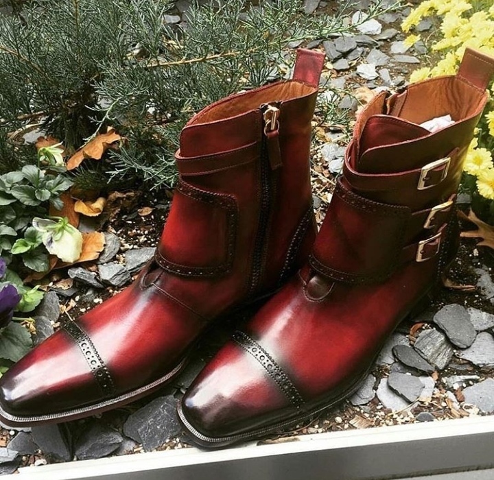 Monks Ankle Boot Men Burgundy Triple Buckle Side Zipper Premium Quality Leather