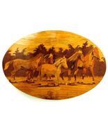 Vintage Horses Mustangs Inlay Wood Marquetry Large Oval Wall Art Panel - $345.51