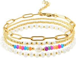 Dainty Gold Pearl Crystal Beaded Bracelet - £22.83 GBP