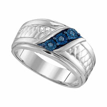 Sterling Silver Mens Round Blue Color Enhanced Diamond Wedding Ring 1/20 Ctw - $78.15