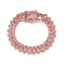 Hip Hop 12MM Prong Cuban Chain Full Iced Out Paved Pink Rhinestones Miami CZ Bli - £35.33 GBP