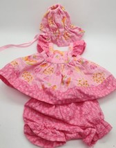 Handmade Seersucker Pinafore Doll Dress Outfit Bonnet 12 in Pink Circles Balls - £6.70 GBP
