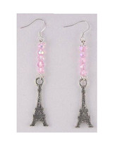 Earrings 1 Eiffel Tower Charms Pink Opalescent Beads Sterling Hooks 2&quot; Long - $10.00