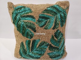 Tropcial Palm Leaves Beaded Throw Pillow Gorgeous! 12&quot; x 12&quot; - £30.03 GBP