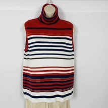 Victoria Jones Sleeveless Knit Sweater Size Large Red White Blue Gold Turtleneck - £9.44 GBP