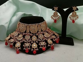 Bollywood Indian Gold Plated Jewelry Kundan Red Choker Necklace Earrings Set - £227.01 GBP
