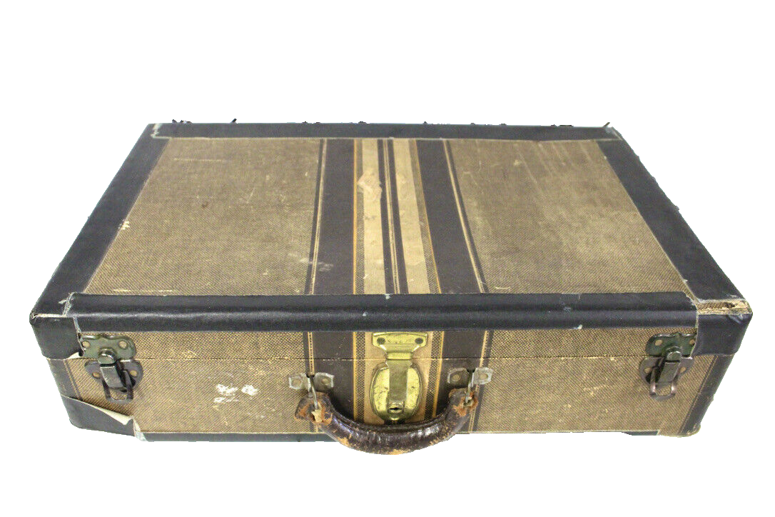 ANTIQUE VTG Worcester T&S 1940s TWEED STRIPED 21" SUITCASE Distressed Hardside Item image 2