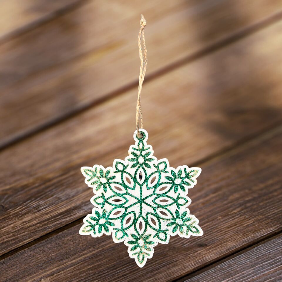 Wooden Christmas Glitter Ornament Snowflake - Holiday Home Decor 4&quot; With... - $5.45
