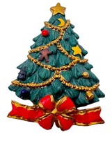 AGC Christmas Tree Brooch Pin Vintage Jewelry Resin Red Ribbon Garland 2.5&quot; - £7.95 GBP