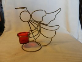 Gold Tone Metal Wire Angel Figurine Tea Light Candle Holder, Red Glass 7&quot; Tall - £27.54 GBP