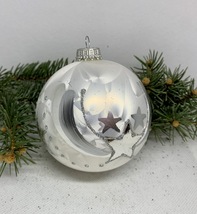 White and silver with stars glitter glass ball Christmas ornament, XMAS  - £10.04 GBP