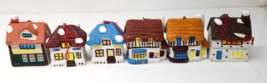 Old English Cottages Christmas Ornaments Ceramic Painted Set of 6 European Vtg - £14.84 GBP