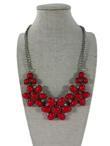 Charming Charlie Necklace Red Flower Shaped Rhinestones Bib Silver Tone - $14.85