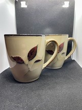 Pair Jessica McClintock Home Leaf Pottery 12 Oz Coffee Mug Cup Taupe Red... - $14.50