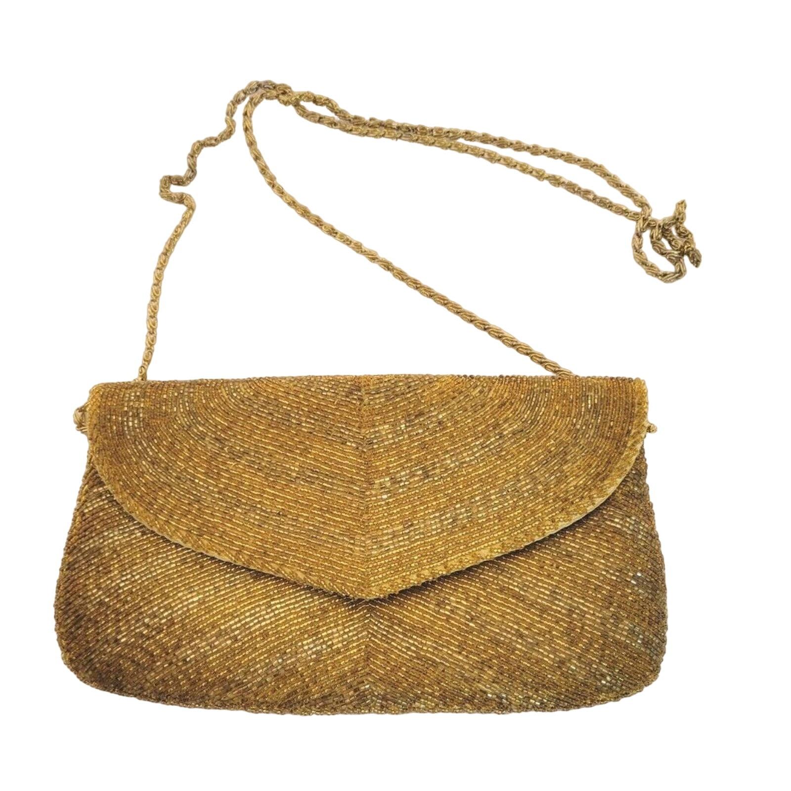 Primary image for DeLill Gold Beaded Satin Rayon Blend Purse Bag Vintage Glamour Handmade In Macau