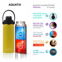 Aquatix Lemon Yellow Insulated FlipTop Sport Bottle 21 oz Pure Stainless Steel - £15.51 GBP