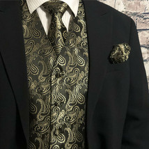 Gold / Black Men Paisley Tuxedo Suit Dress Vest Waistcoat &amp; Neck tie Hanky Set - £22.04 GBP+