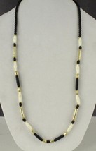 Vintage Costume Jewelry 36&quot; Long Carved Wooden Bead Necklace Black &amp; Gold - £19.70 GBP