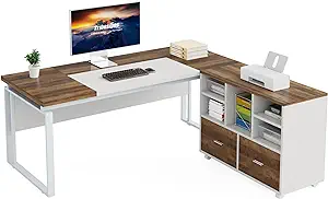 63&quot; L-Shaped Executive Office Desk With Reversible File Cabinet, Large M... - £453.00 GBP