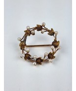 Antique 14k Yellow Gold Round Seed Pearl &amp; leaf Brooch unsigned approx 1&quot; - £232.87 GBP