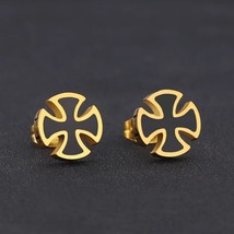 Men&#39;s Gold Black Cross Stud Earrings Stainless Steel Punk Biker Jewelry Gift - $11.87