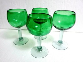 Set of 4 Vintage Handblown Mexican 8&quot; Goblets Verde Green Bowl Clear Ste... - £30.79 GBP