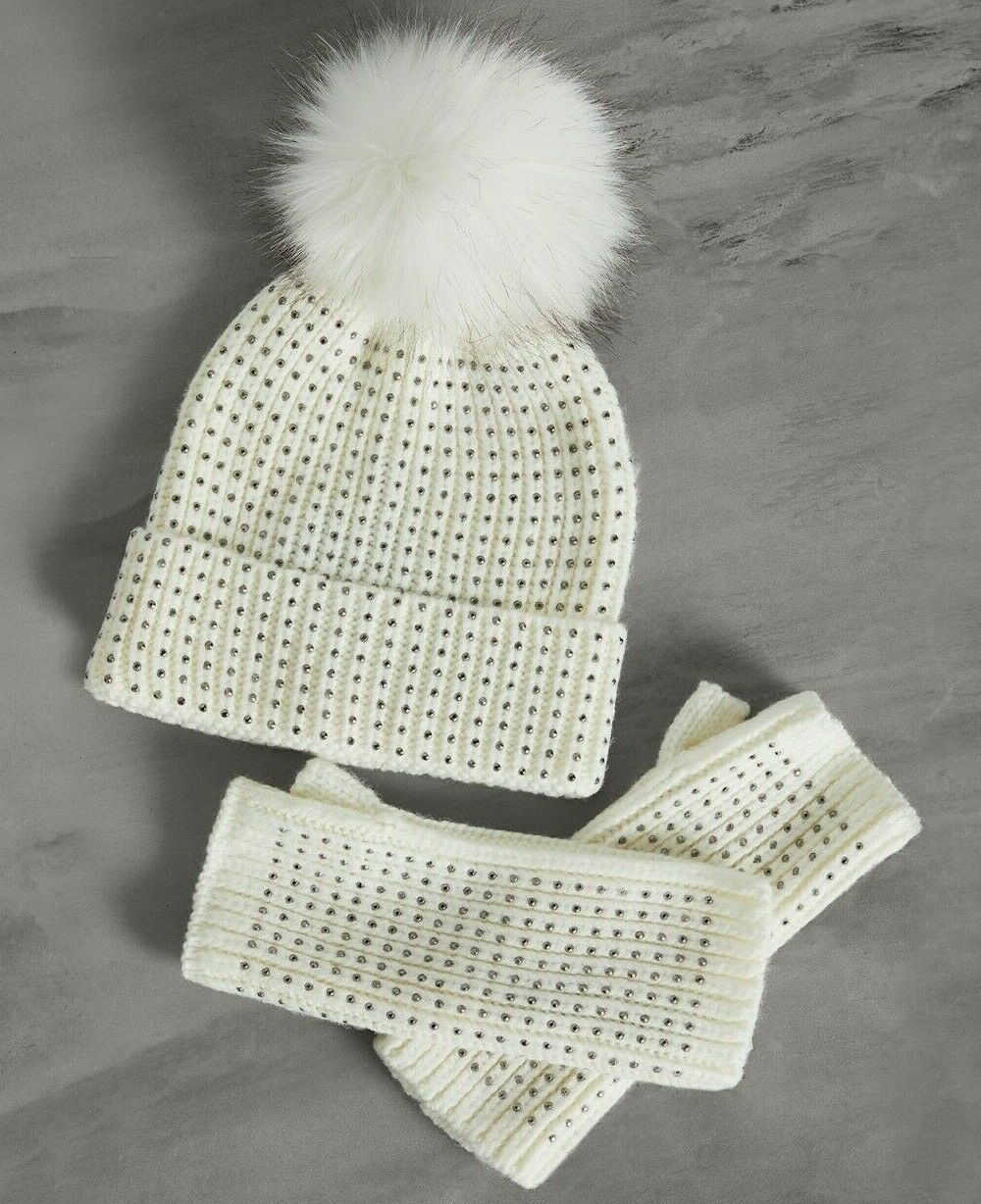 BCBG Pom Pom Beanie Winter Hat &amp; Fingerless Gloves Rhinestone Set Cream - $73.25