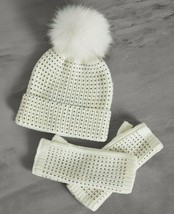 BCBG Pom Pom Beanie Winter Hat &amp; Fingerless Gloves Rhinestone Set Cream - £58.55 GBP