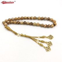 Tasbih Natural Jasper Stone islamic Rosary Golden accessories 3 Chains Tassel Mu - £51.38 GBP