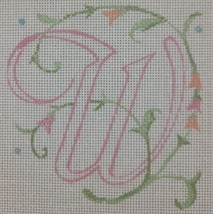 W Monogram Needlepoint Canvas Floral Summer Scrollwork Cursive Pink 18 C... - $12.95