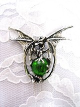 WINGED DRAGON and DARK GREEN GLASS BALL FANTASY PEWTER PENDANT ADJ NECKLACE - €24,19 EUR