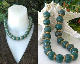 Vintage Choker Necklace Jade Green Glass Beads Marble Goldtone Spacers - $27.95