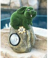 Whimsical Flocked Grass Bunny Rabbit On Rock Garden Statue With Solar LE... - $599.68 MXN