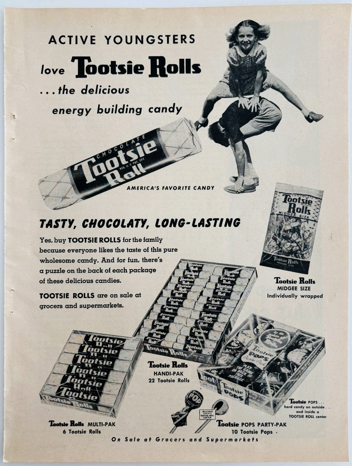 1954 Tootsie Rolls Pops Chocolate Advertisement Candy Dessert Foods DWQQ9 Item image 2