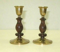 Vintage Pair 1970s Mid Century Modern Dark Wood Brass Candlesticks Holde... - $12.16